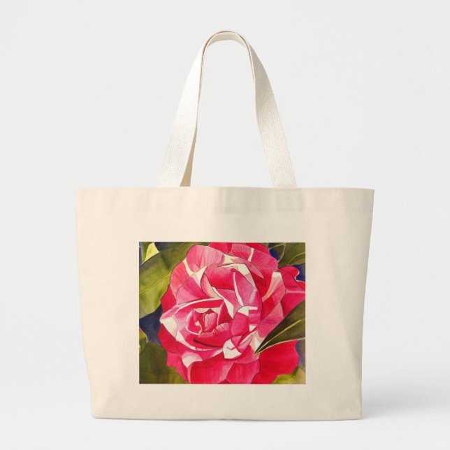 Bolsa Tote Grande Rosa Camellia aquarela pintura de flores (Frente)