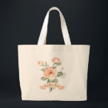 Bolsa Tote Grande Rosa De Pêssego De Vintagem Cuja Nome É Buquê<br><div class="desc">Rosa De Pêssego De Vintagem Cuta Com Nome Grande Tote Bag. Esta bolsa de na moda apresenta rosas de pêssego bonitas e elegantes e um nome que pode ser personalizado. Design está na frente e atrás do saco de tote.</div>
