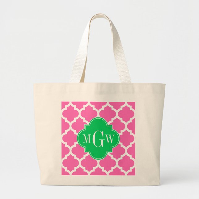 Bolsa Tote Grande Rosa Quente Com O Marroquino #5 Emerald 3 Monogram (Frente)