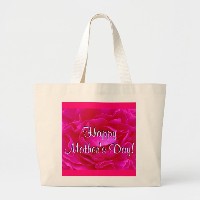 Bolsa Tote Grande Rosa Rosa Rosa Rosa Dia de as mães Feliz (Frente)