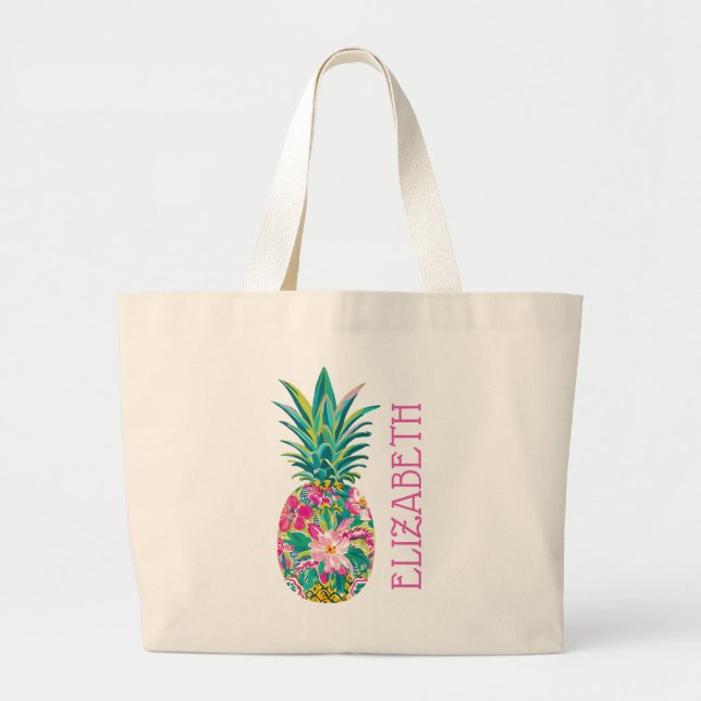 Bolsa Tote Grande Rosa Tropical e Floral Verde Abacaxi (Frente)
