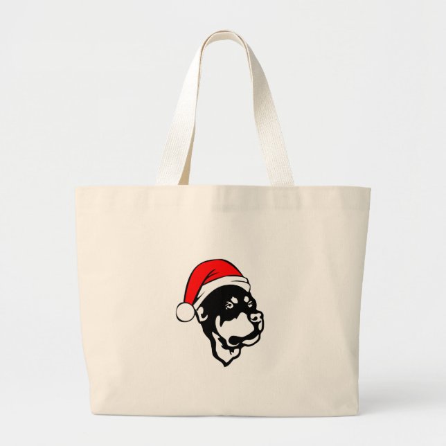 Bolsa Tote Grande Rottweiler Cachorro vestindo Natal Vermelho Chapéu (Frente)