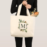 Bolsa Tote Grande Rustic Watercolor Greenery Square Wreath Monograma<br><div class="desc">Corante aquoso,  coroa quadrada botânica,  corante aquática,  com saco de tota monograma para dama de honra,  presente de madrinha de casamento ou para si.</div>