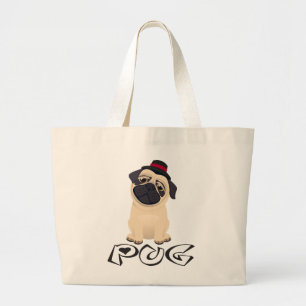 Bolsa Tote Grande Saca de Lona de Cachorro Cartoon Pug 