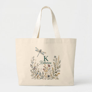 Bolsa Tote Grande Saca de Lona Monograma com Libélula de Flor Silves