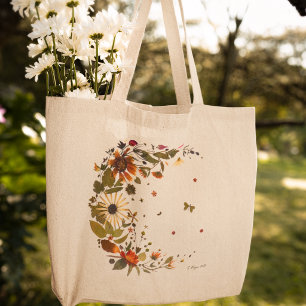 Bolsa Tote Grande Saca Lutar da Lua Botânica l Obra de Arte com Flor