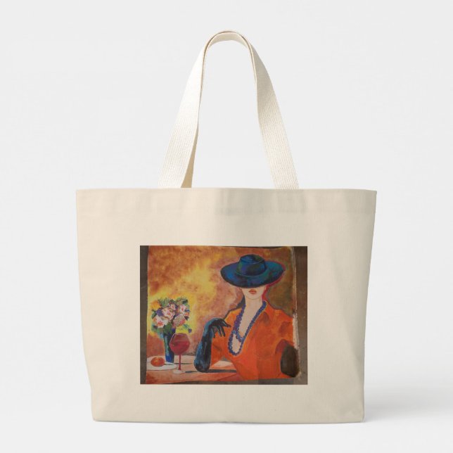 Bolsa Tote Grande Saco de compras com retrato de mulher elegante (Verso)