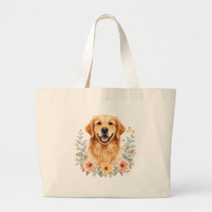 Bolsa Tote Grande Saco de Compras Floral Golden Retriever