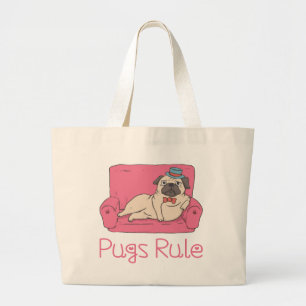 Bolsa Tote Grande Saco de Lona de Cachorro Cartoon Pug Engraçado
