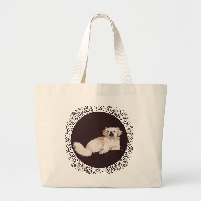 Bolsa Tote Grande Saco de mão com cachorro pequinês branco (Frente)