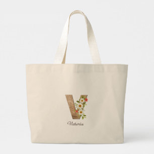 Bolsa Tote Grande Saco de mão com monograma de flor com letra V em m