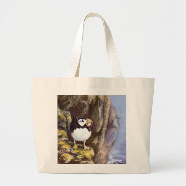 Bolsa Tote Grande Saco do Carregar de Algodão Puffin Tufado (Frente)