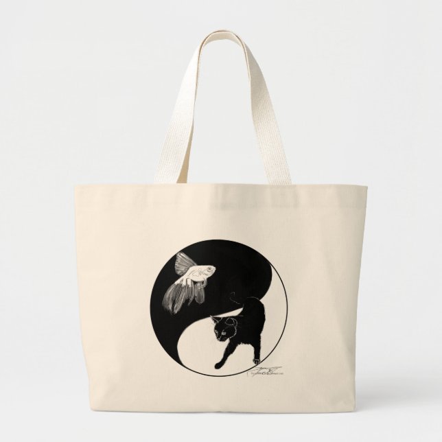 Bolsa Tote Grande Saco dos peixes e do gato de YinYang (Frente)
