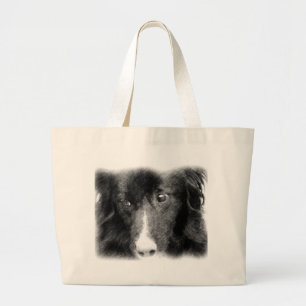 Bolsa Tote Grande Sacola animal preta da arte de border collie