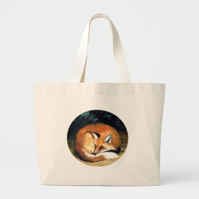 Bolsa Tote Grande Sacola animal vermelha sonolento da arte do Fox (Frente)
