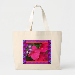 Bolsa Tote Grande Sacola:: Impatiens cor-de-rosa com beira artístic