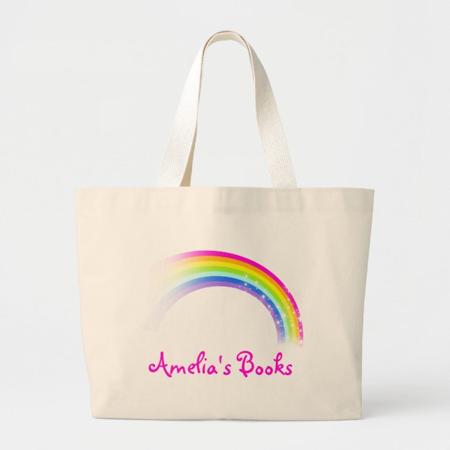Bolsa Tote Grande Sacola nomeada da biblioteca do rosa de arco-íris (Frente)