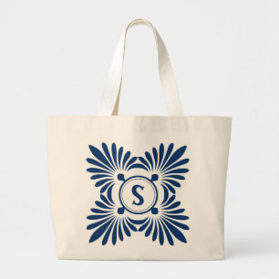 Bolsa Tote Grande Sacolas Monogrammed: Teste padrão floral azul