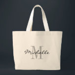 Bolsa Tote Grande Sacos de toques grandes, de nome preto e branco, m<br><div class="desc">Sacos grandes de tote gigantes, preto e branco. Bolsas extragrantes para livros, compro de mercearia e muito mais. Design de logotipo elegante com lindas iniciais monográficas. Bela ideia personalizada para noiva, florista, madrinha de casamento e madrinhas na festa de casamento. Tipografia de script clássico com letra de fundo chic. Também...</div>