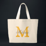 Bolsa Tote Grande Sacos de tote de cinza personalizada e de monogram<br><div class="desc">Cinza de nomes personalizados e saco de tota de monograma amarelo design de logotipo elegante com iniciais de letras monogramas. A bela vintagem favorece a ideia da dádiva para a noiva ser e noivas entrarem; floristas, madrinhas de casamento, matrona de honra, mãe da noiva, mãe do noivo e madrinhas de...</div>