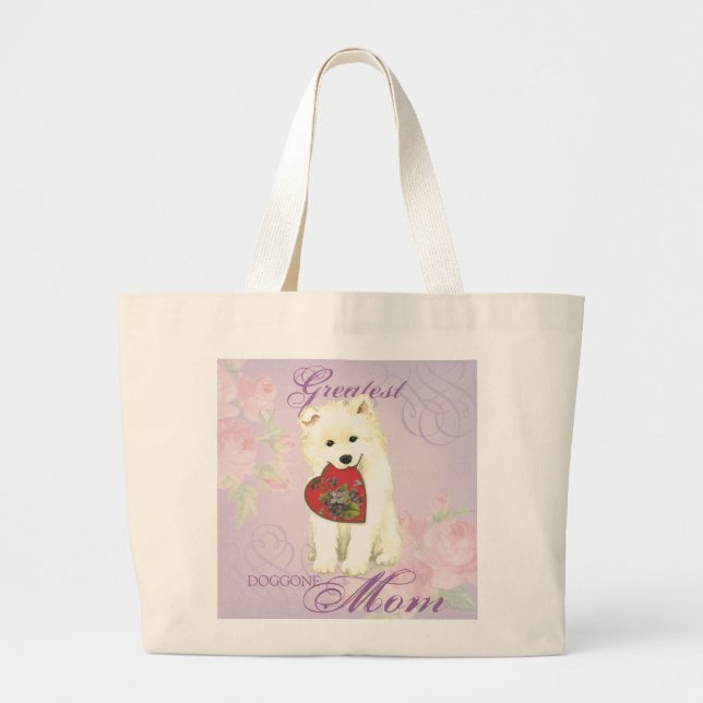 Bolsa Tote Grande Samoyed Heart Mãe (Frente)