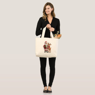 Bolsa Tote Grande Santa Claus and Rudolph Cartoon