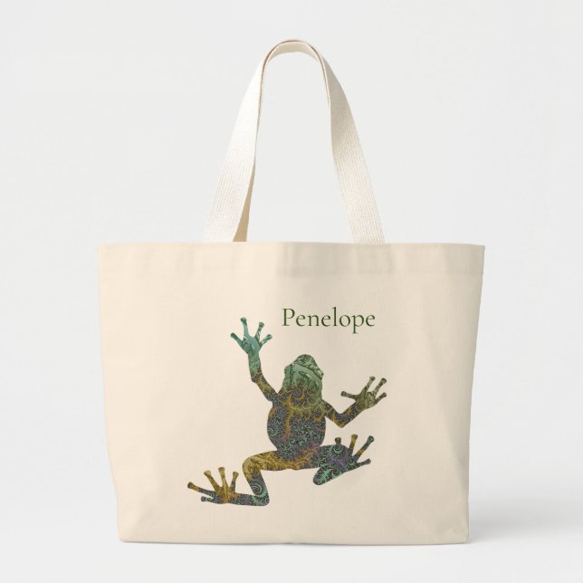 Bolsa Tote Grande Sapo legal verde e Dourado de árvore frontal com n (Frente)
