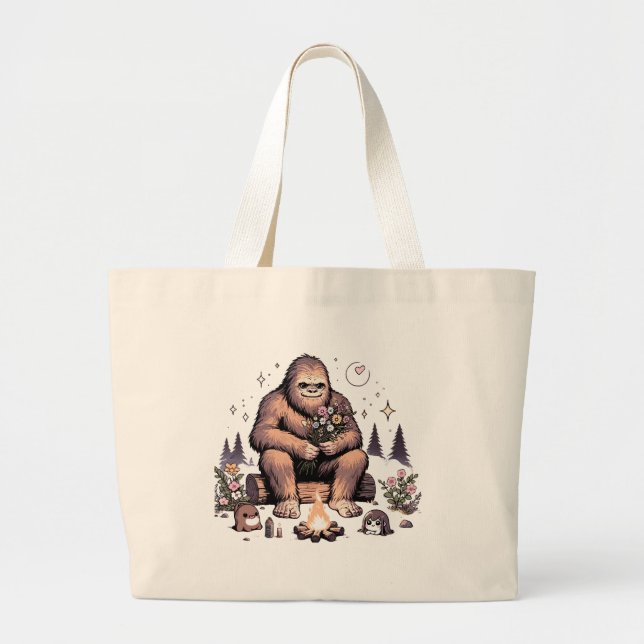 Bolsa Tote Grande Sasquatch Segurando Flores (Frente)