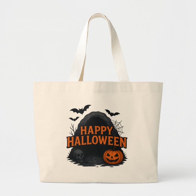 Bolsa Tote Grande Saudação de Halloween da Caverna Assustadora (Frente)