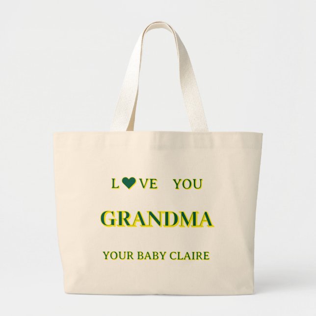 Bolsa Tote Grande Script de vovó personalizado grande amarelo e verd (Frente)