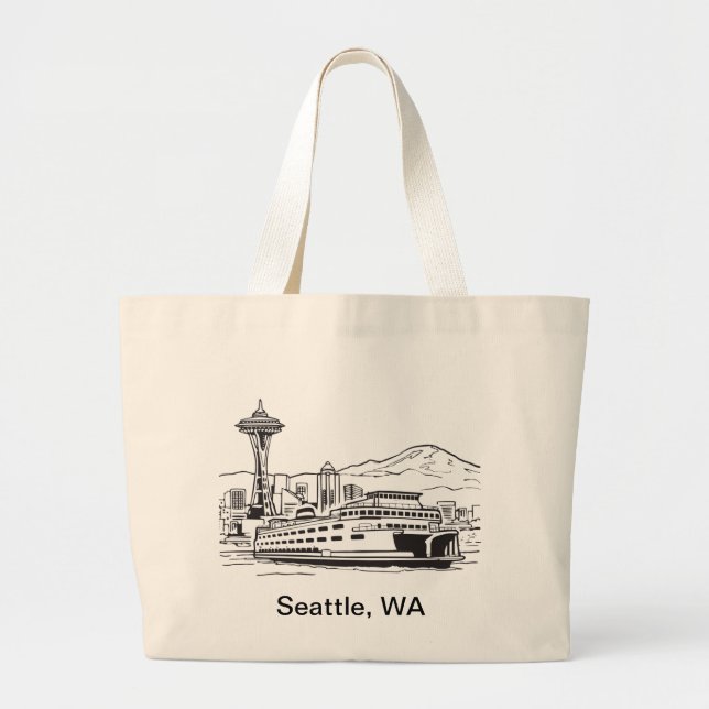 Bolsa Tote Grande Seattle Ferry Washington State Line Art (Frente)
