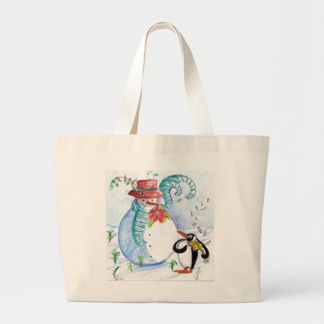 BOLSA TOTE GRANDE SERENADE DO INVERNO DO BONECO DE NEVE E DO PINGUIM (Frente)