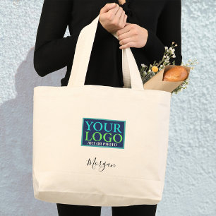 Bolsa Tote Grande Seu Logotipo/Arte/Foto, Nome de Script Preto