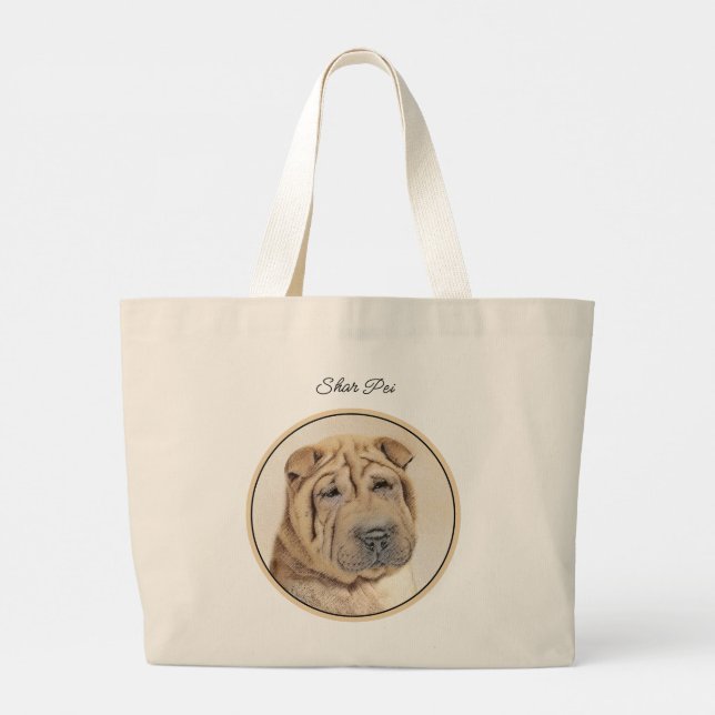 Bolsa Tote Grande Shar Pei Pinting Fawn Wrinkle Original Dog Art (Verso)