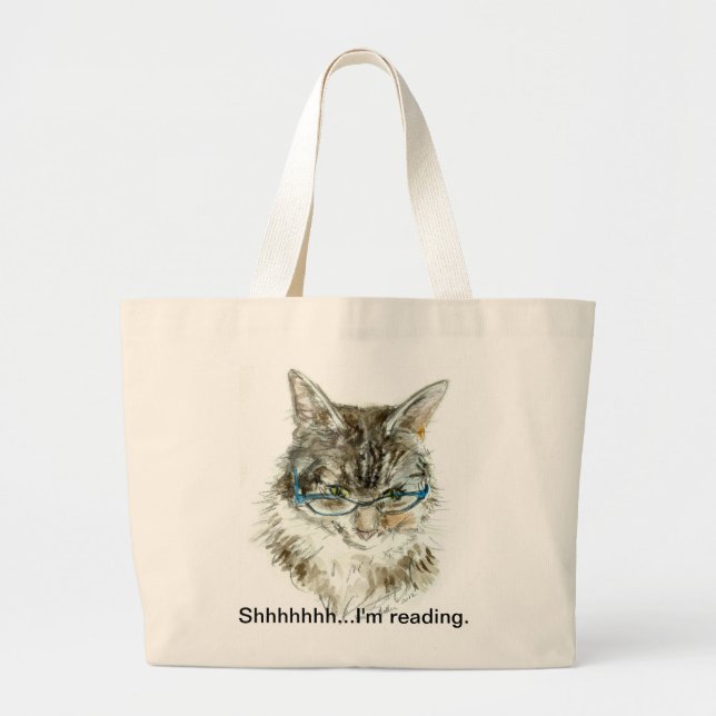 Bolsa Tote Grande "Shhhhhh… eu estou lendo" a sacola com CAT (Frente)