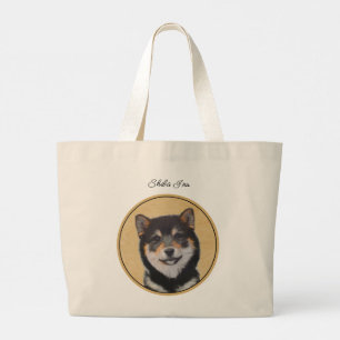 Bolsa Tote Grande Shiba Inu Pintando Preto e Arte Original de Cachor