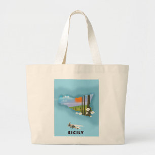 Bolsa Tote Grande Sicília mapa ilustrado pôster de viagem