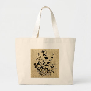 Bolsa Tote Grande Silhoule de Flores Selvagem Burlap
