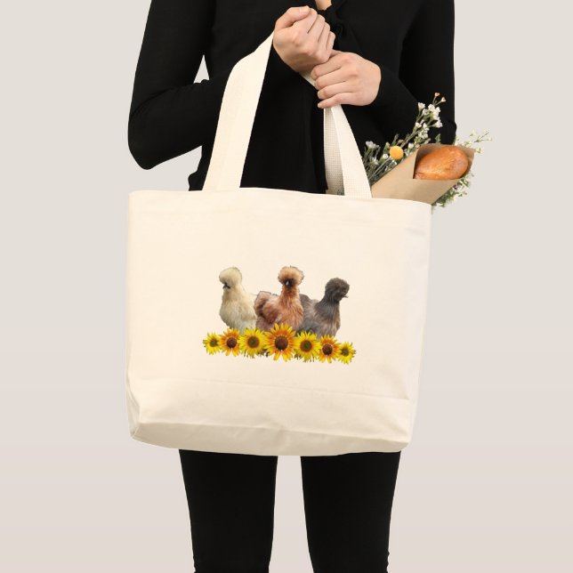 Bolsa Tote Grande Silkie Bantam Chickens e Girassóis (Frente (produto))