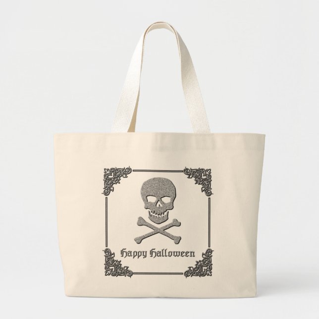 Bolsa Tote Grande Silver Skull e Crossbones Halloween (Frente)