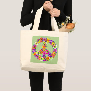 Bolsa Tote Grande Sinal de Paz Floral em Verde Claro