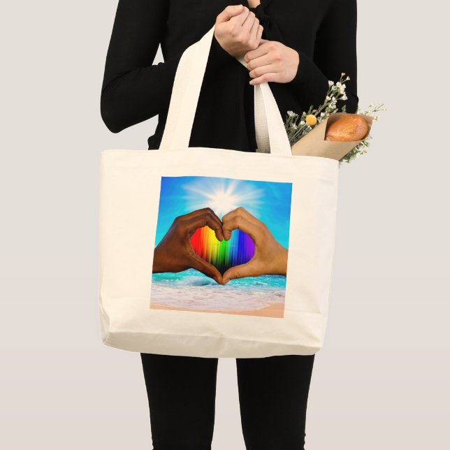 Bolsa Tote Grande SlipperyJoe gradiente de arco-íris vibrante coraçã (Frente (produto))