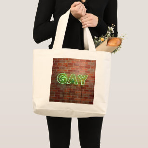 Bolsa Tote Grande SlipperyJoe iluminou o sinal de neon gay brilhante