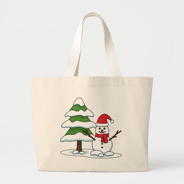 Bolsa Tote Grande Snowman com Snowy Pine Tree (Frente)