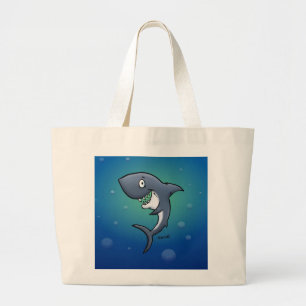 Bolsa Tote Grande Sorrindo Tubarão Engraçado em Fundo Azul