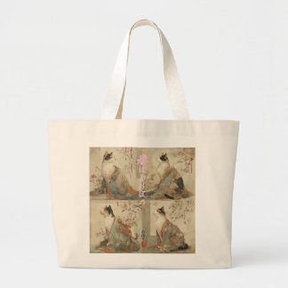 Bolsa Tote Grande "Spring at Dawn" Japanese Cat in Kimono Art