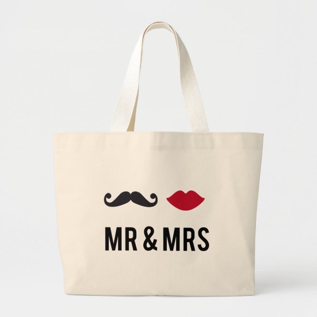 Bolsa Tote Grande Sr. e Sra. com bigode e os lábios vermelhos (Frente)