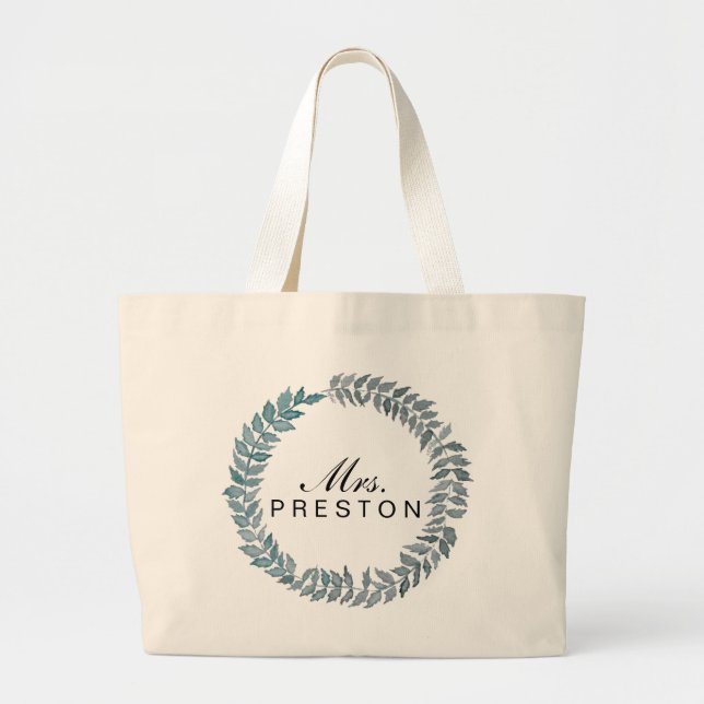 Bolsa Tote Grande Sra. Steel Blue Vine | Watercolor Wreath (Frente)