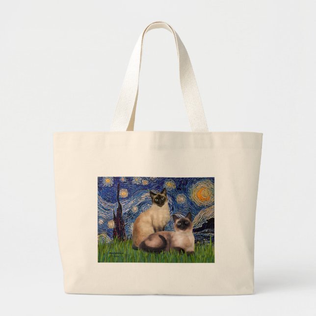 Bolsa Tote Grande Starry Night - Dois Gatos Siameses (Choc Pt) (Frente)