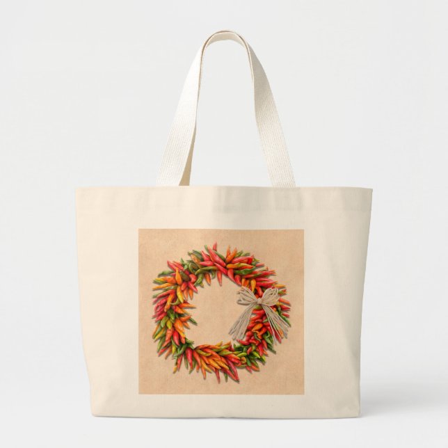Bolsa Tote Grande Sudoeste do Chile Ristra Wreath no Adobe Wall (Frente)